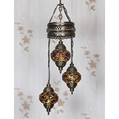 LaModaHome 35 + Unique Colors, 2020 Customizable Chandelier 3 Globes + Free 3 Bulbs, stunning Mosaic Turkish Lamp Moroccan Light