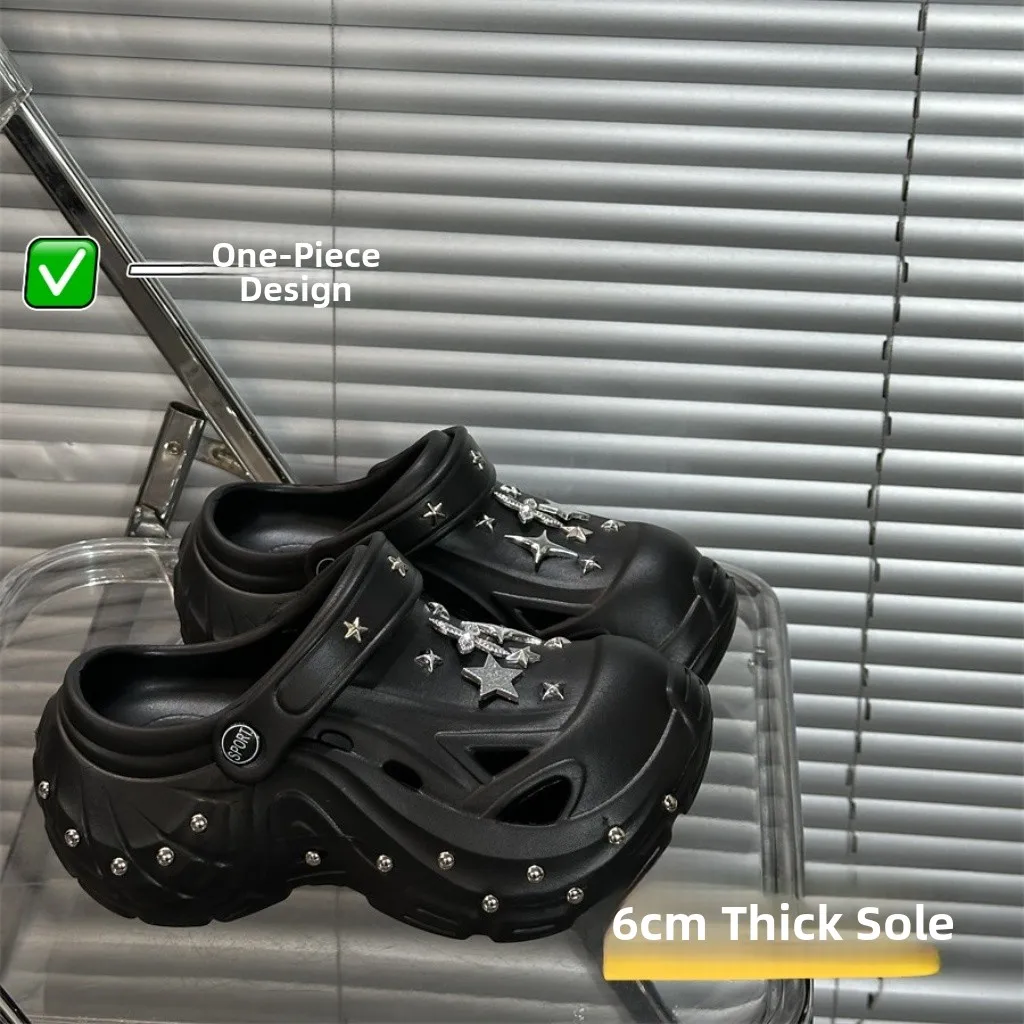 Bla Thi Heel Clog oes Women's Outdoor Wear 2025 New Sle Punk Wind Inteated Forming High-End Slippers Rivet Casual
