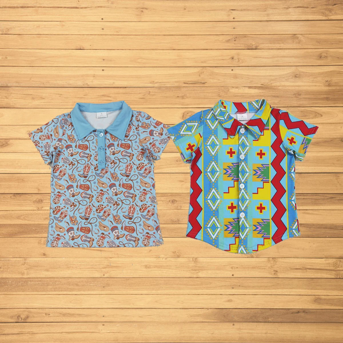 

Wholesale summer t-shirt western boutique children clothing Baby Boys Blue Western Hats Boots Button Pullovers Shirts Tops