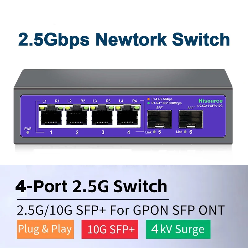 4-Port Multi-Gigabit 2.5Gbps Unmanaged Plug and Play Network Ethernet 2.5G Switch