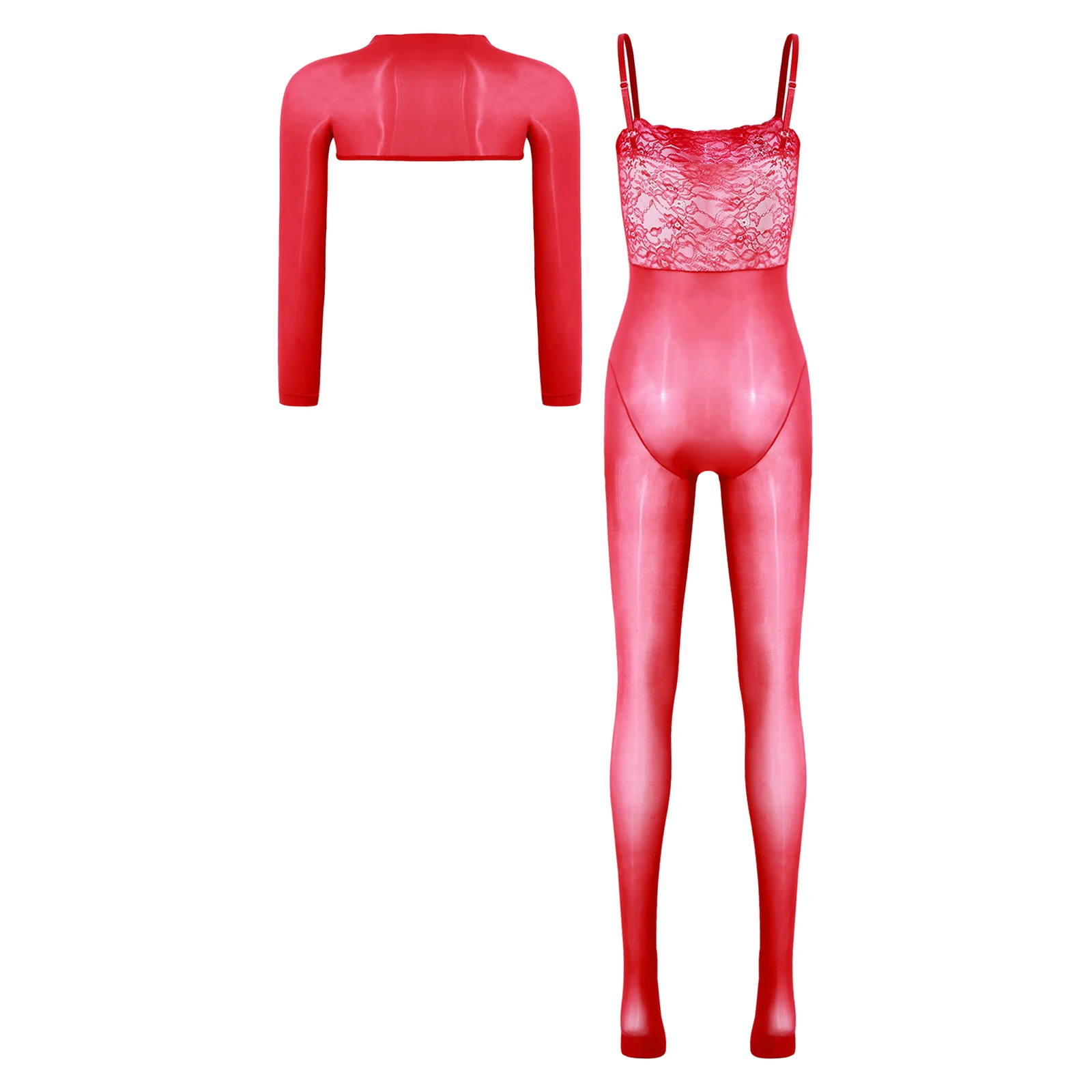 Stoking Tubuh Seksi Ultra Tipis Wanita dengan Renda Bunga, Stoking Berkaki dengan Atasan Crop Lengan Panjang, Pakaian Tidur Erotis Transparan