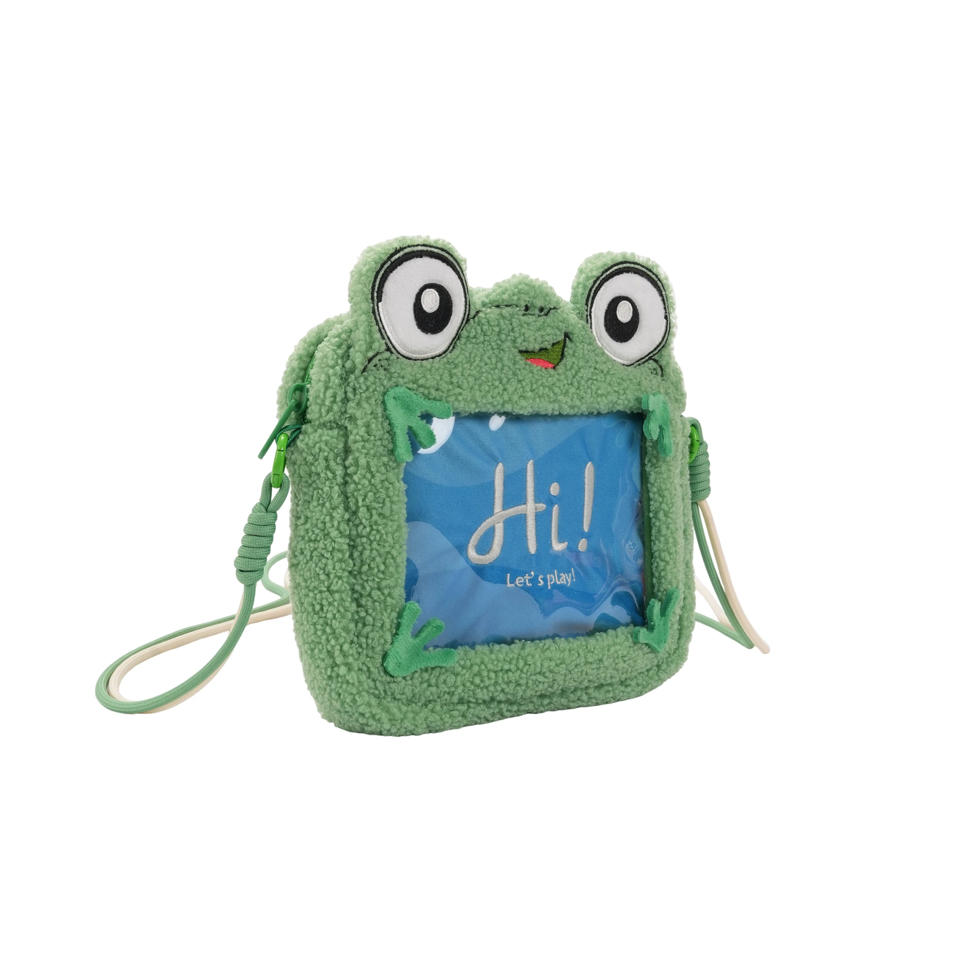 MINISO Pixar Toy Story 5 Frog Tablet Crossbody Bag Cute Green Plush Shoulder Bag Clear Window Messenger Pouch Adjustable Strap