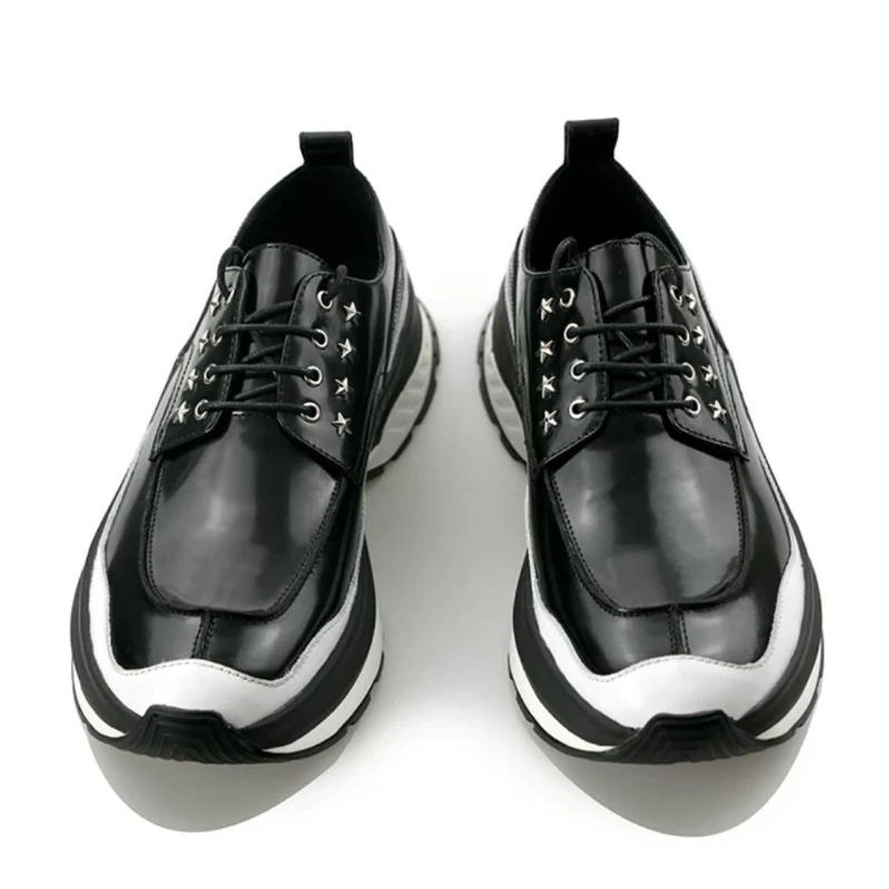 Men Black White Color Block Cow Leather Chunky Sneakers Lace‑Up Star Metal Rivet Thick Sole Fashion Streetwear Casual Shoes