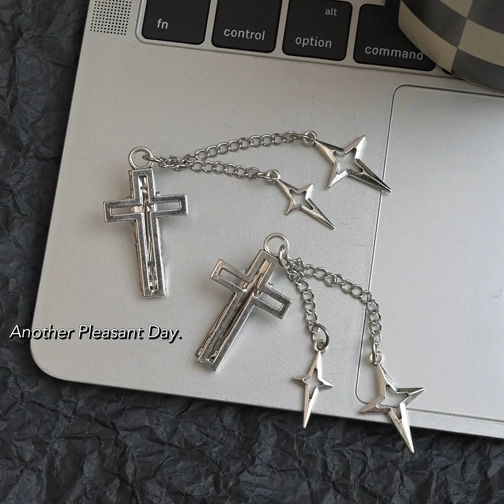 Trend Punk Cool HairClip Metal Edge Clip Y2Y Cross Star Pendant Chain HairPin One Word Clips Women's Side Clip Hair Accessories