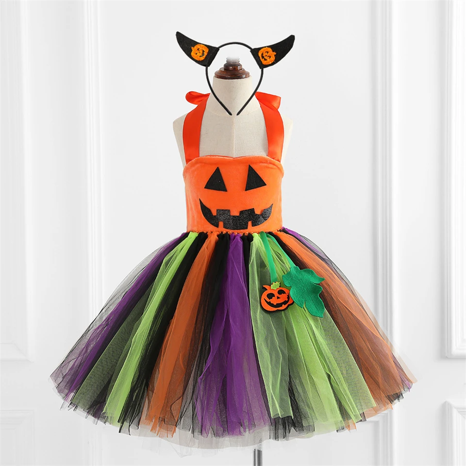 Halloween Party Girl Rainbow Fluffy Tulle Witch Dress Broom Carnival Children's Masquerade Pumpkin Print Infant Tutu Ball Gown