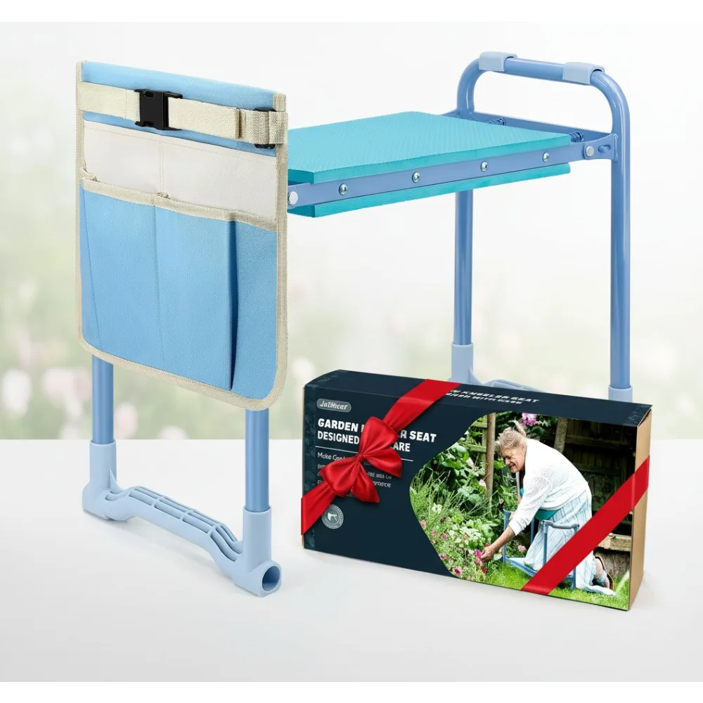 

Folding Garden Kneeler & Seat with Tool Bag, 10" Wider Bench Stool, Portable Gardening Workseat for Women Seniors (Blue)