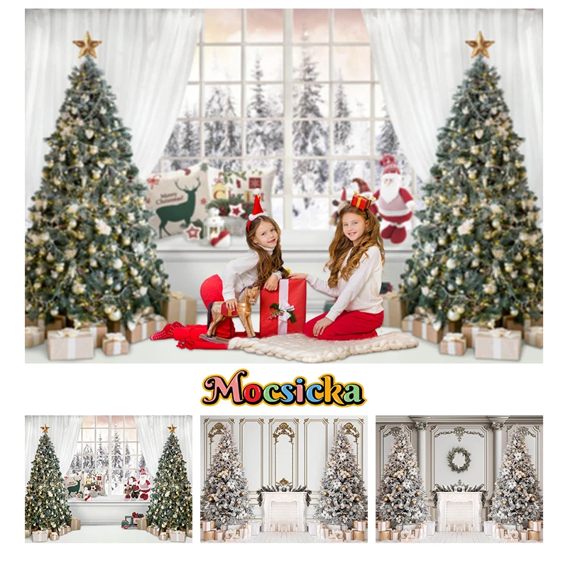 

Mocsicka Christmas Decoration Photography Background Xmas Tree White Curtain Wall Stove Gifts Snowscape Photos Backdrops Props