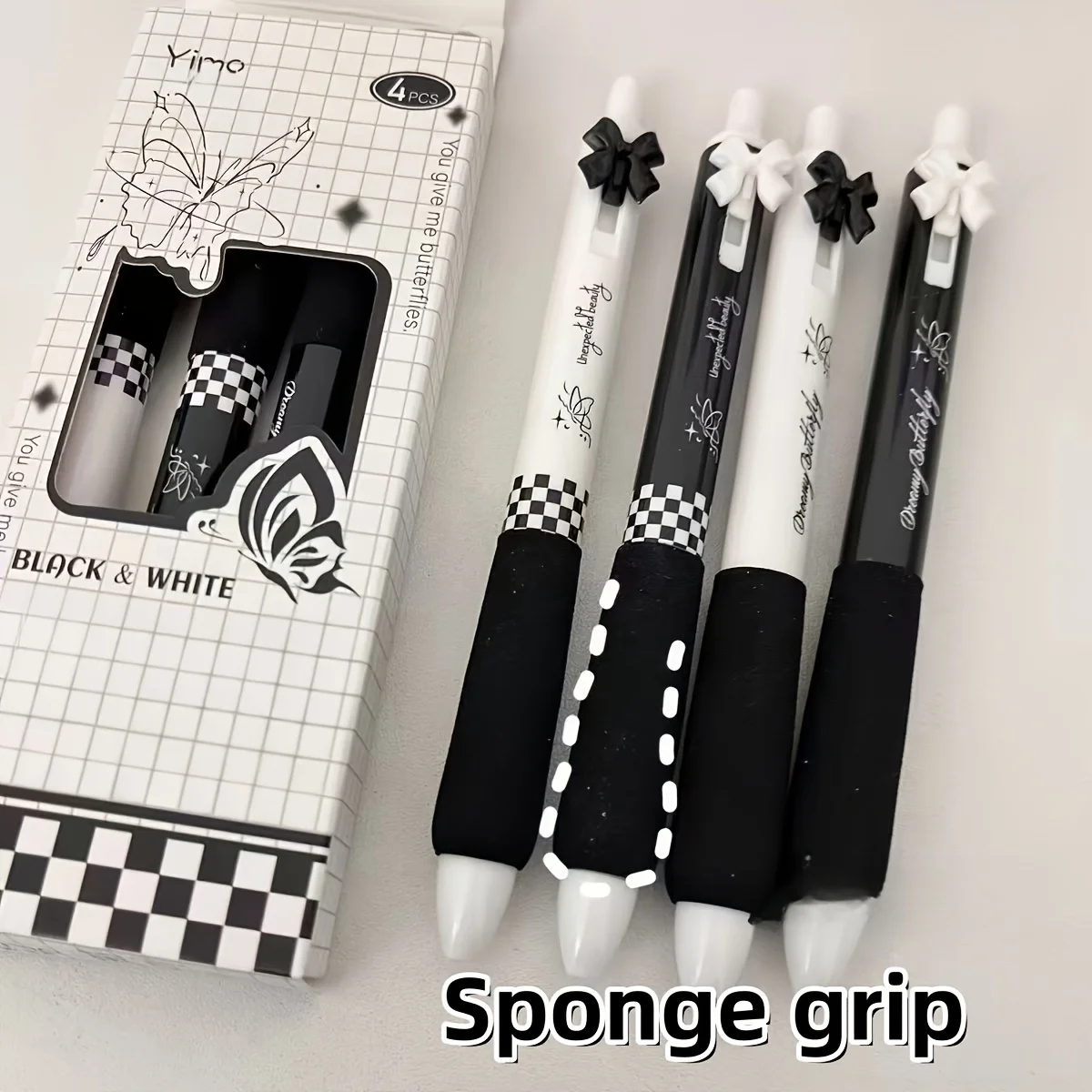4/High Beauty Black And White Butterfly Pink Pressing Pen, 0,5 mm feine schwarze Tinte, 3D-Schleifendesign, Schwammgriff, bequem und weich – Detail 6