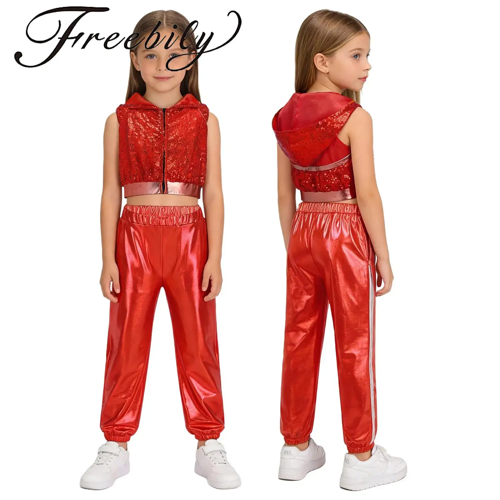 

Kids Girls Hip-Hop Jazz Dance Outfits Backless Front Zipper Sparkling Sequins Hooded Crop Top with Elastic Waist Metallic Pants