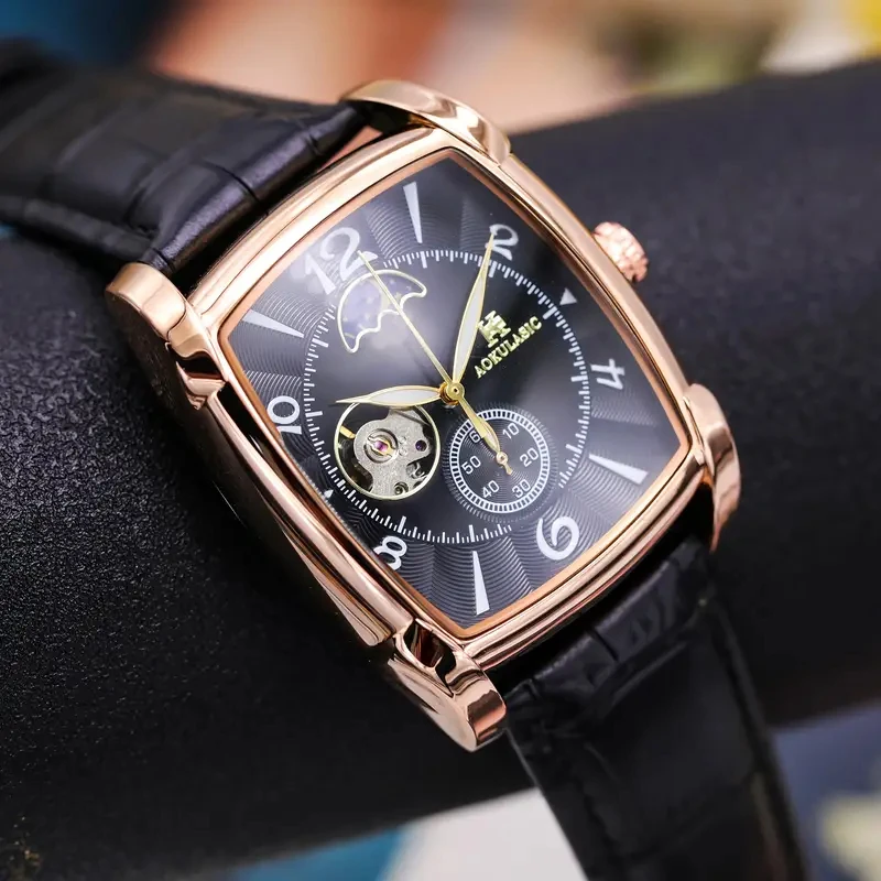 

New Barrel-Shaped Fully Automatic Tourbillon Men's Mechanical Watch, Classic Retro Design, Skeleton Moon Phase Men's Watch, High-End Lightweight Luxury Business Casual Watch, Great Gift Choice for Birthdays and Valentine's Day