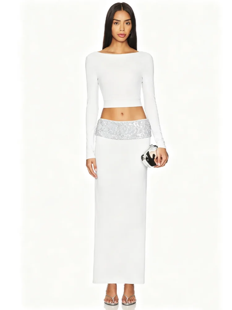 Women White Skirt Set Long Sleeve Crop Top Sequin High Waist Maxi Skirt Bodycon Y2K Elegant Evening Party Clubwear Chic Coquette
