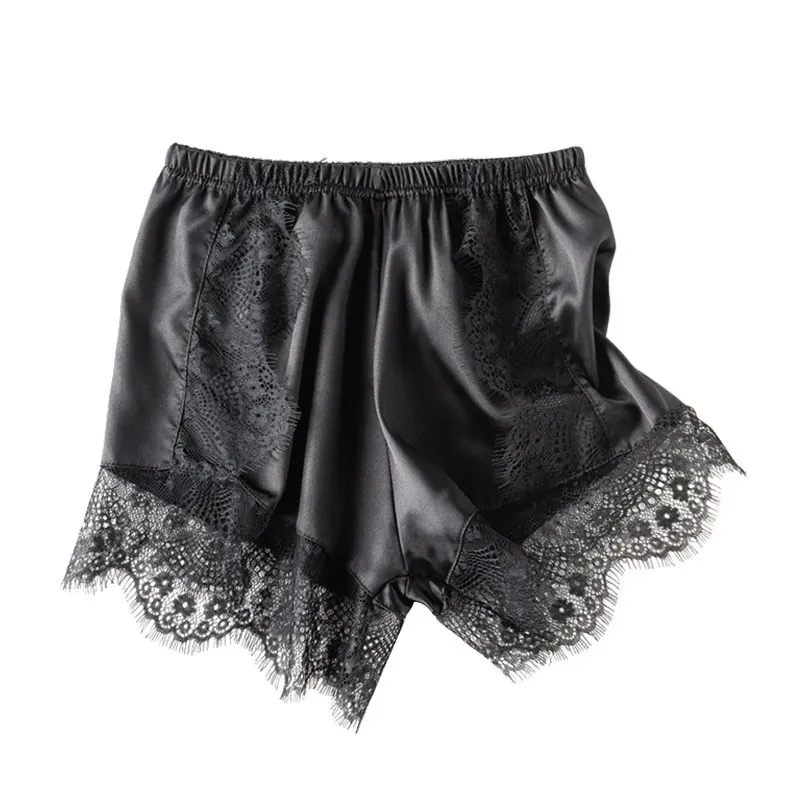 Minissaias Femininas de Cetim de Seda com Renda Floral Transparente, Bainha em Patchwork, Cintura Baixa Elástica, Estilo Moderno e Sedoso