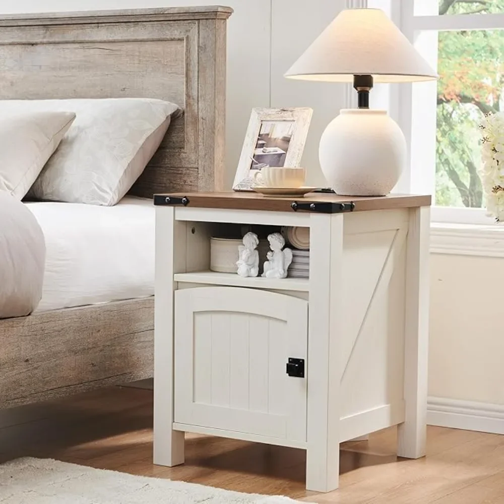 

Farmhouse End Table with Charging Station, Rustic Nightstand with Adjustable Storage Shelf