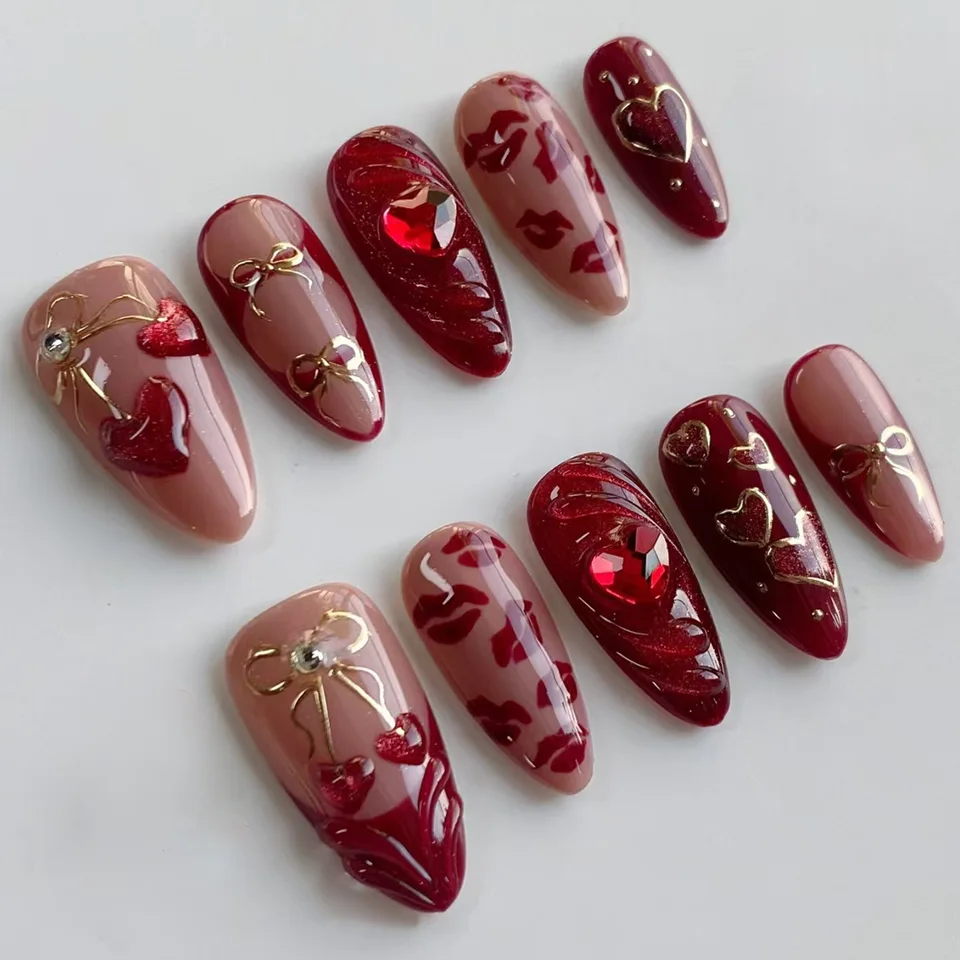 24 piezas uñas postizas rojas almendra con diseño de perlas y cerezas, punta desmontable con estampado francés y leopardo 3