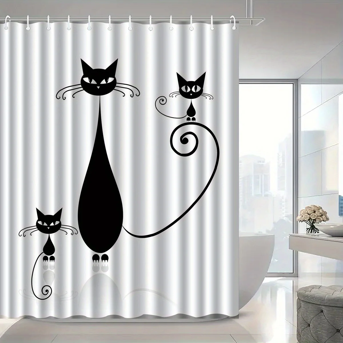 

1 шт. стильная занавеска для душа с рисунком черного кота и крючками - декор для ванной комнаты, можно стирать в машине, художественный дизайн силуэта котенка