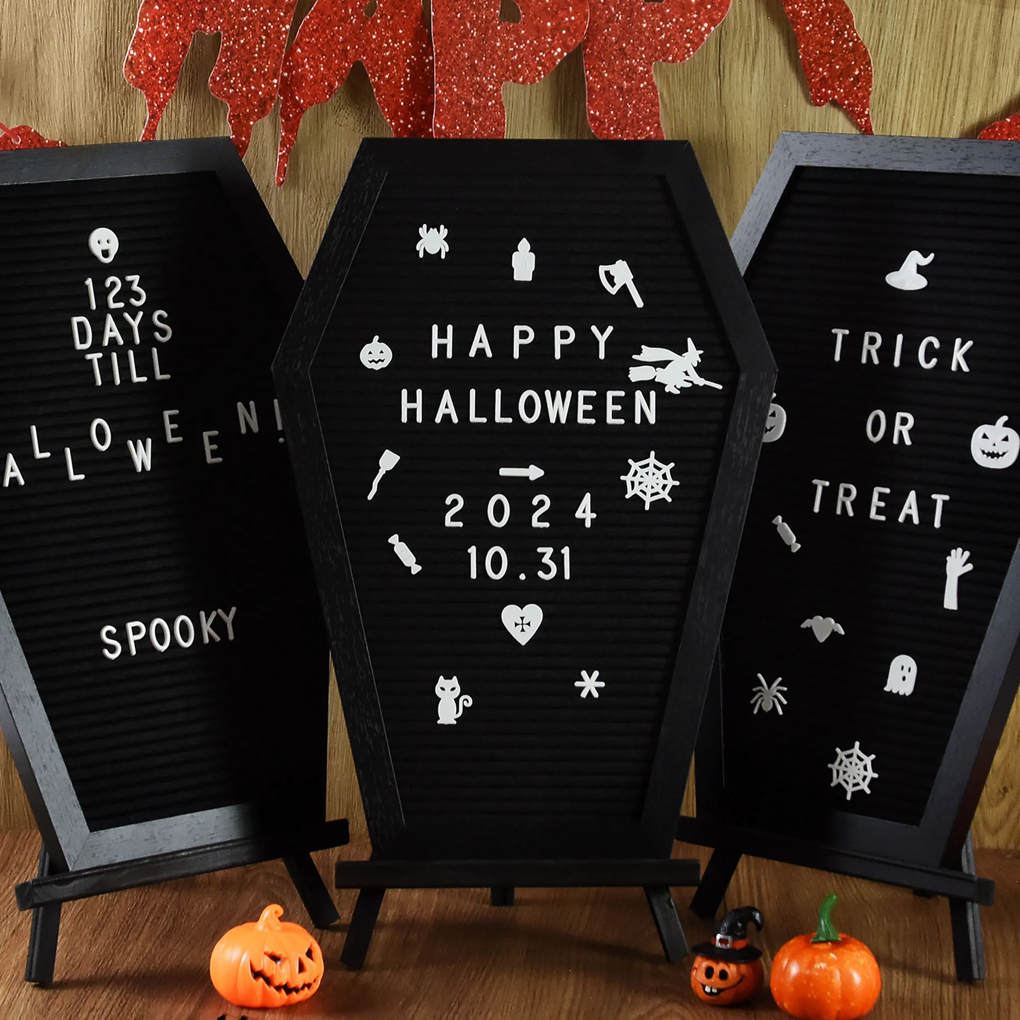 Schwarzer Sarg Brief brett Figur Holz Stativ weiße Zeichen Halloween Party Wohnkultur liefert Message Board 40,2x28,5 cm
