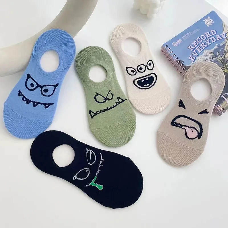 5 Pairs Women Funny Cartoon Socks Slippers Set Female Girls Spring Summer Breathable Students Short Ankle Socks Set For Women