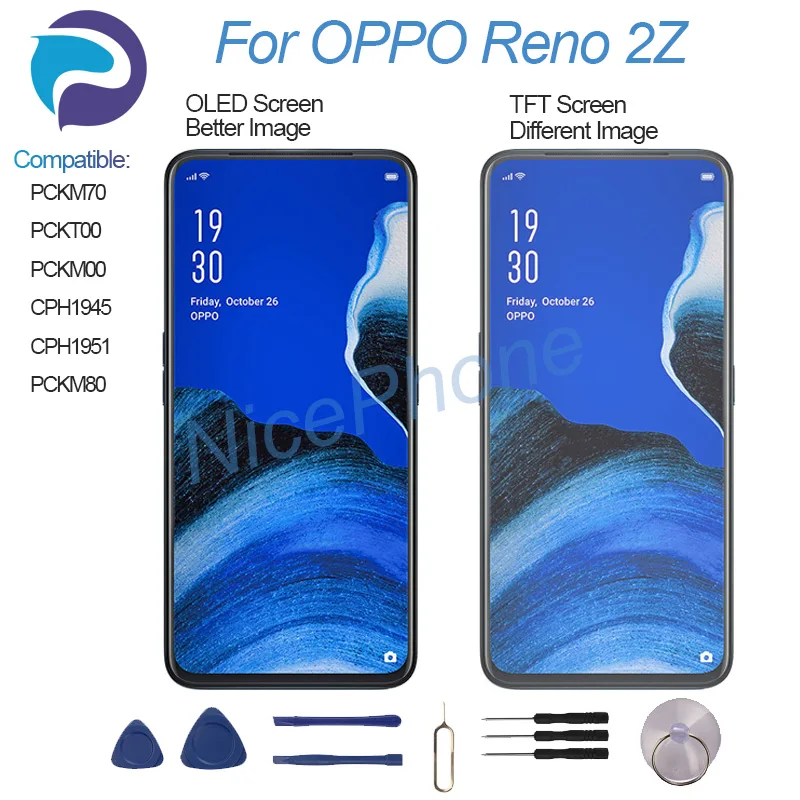 For OPPO Reno 2Z LCD Screen + Touch Digitizer Display PCKM70, PCKT00, PCKM00, CPH1945, CPH1951, PCKM80 Reno 2Z LCD Screen
