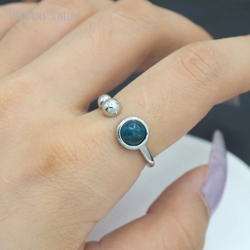 10Pcs Semi-precious Stone Apatite Silver Color Round Coin Shape Circle Wholesale Ring RM51364