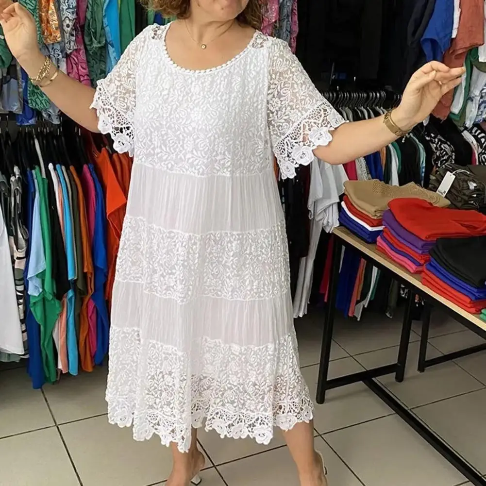 Women's Summer Beach White Dress For Women Casual Hollow Crochet Bohemian Loose Beach Long Dress Ladies Holiday Ruffles Dress