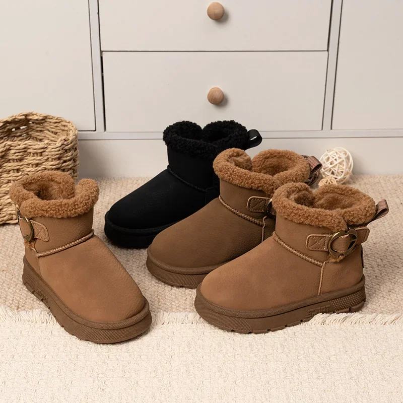 Toddler Metal Ring Buckle Winter Snow Boots, Kids Folded Fuzzy Shearling Collar Warm Non‑Slip Thick‑Sole Ankle Boots