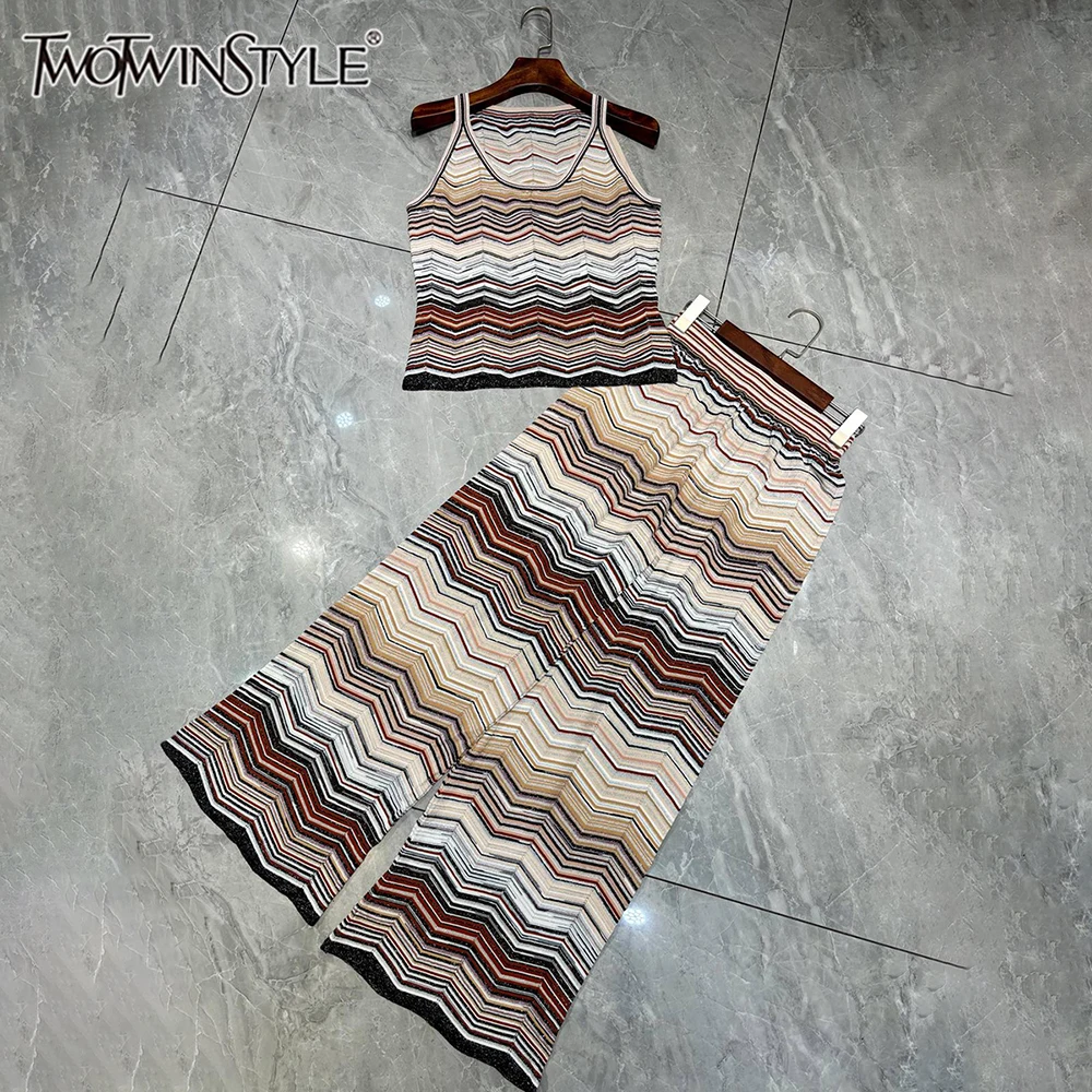

TWOTWINSTYLE Solid Spliced Striped Two Piece Set Female O Neck Sleeveless Top Vintage Design Women's Pants Sets New KSE563310