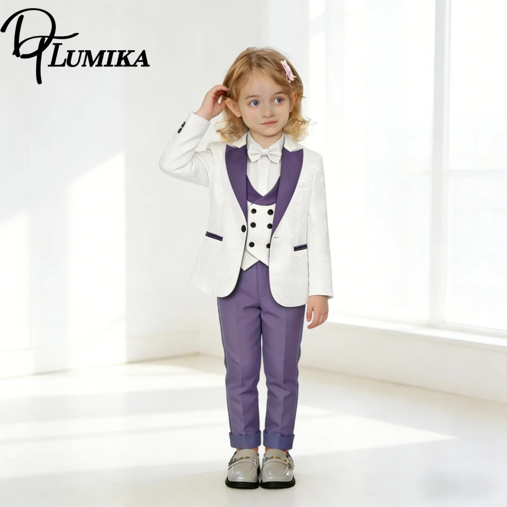 

Премиальный фиолетовый комплект-смокинг для девочек из 4 предметов: пиджак, жилет, брюки, галстук-бабочка. Модная одежда для свадеб, выступлений и повседневной носки.