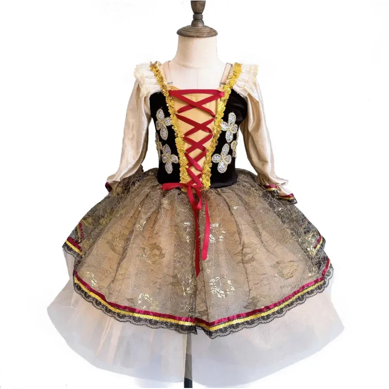 Ragazze Nero Professionale Paillettes Pizzo Lungo Tutu di balletto Gonna Tulle Abito da ballo Bambini Romantico Vestito da balletto Abiti da ballo