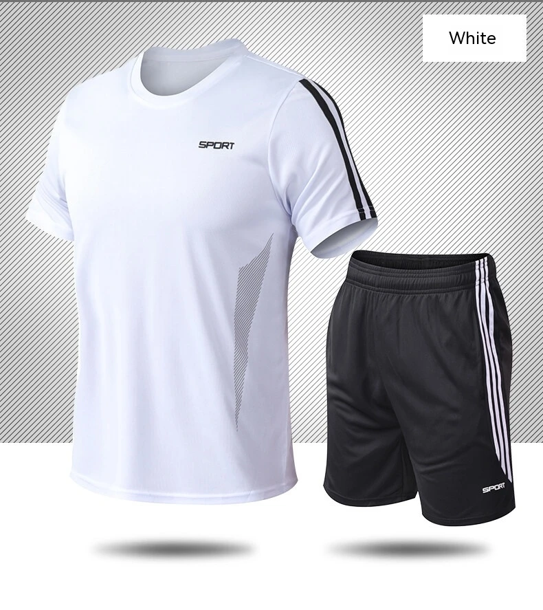 Summer sports set with three stripes, short sleeved shorts, loose running, quick drying and breathable for men and women