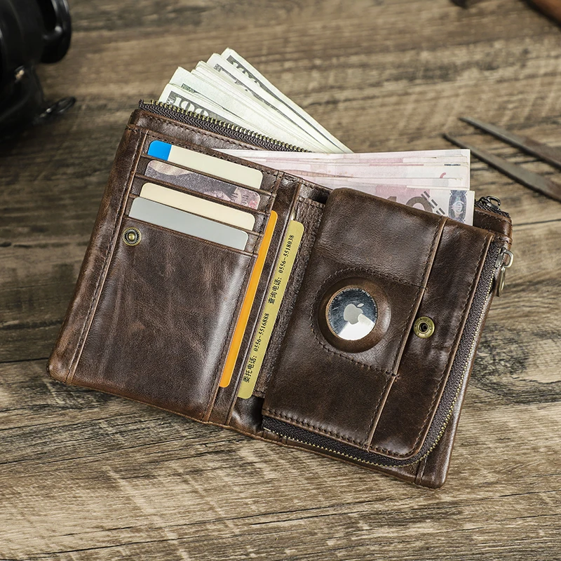 CONTACT'S Men's Wallet Made of Genuine Leather Detachable Zipper Coin Purse Card Holder Money Clip Casual Wallet AirTag Purse