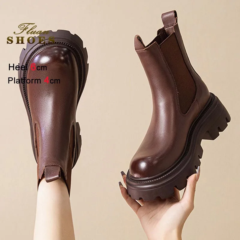 

Коричневые короткие ботинки из натуральной кожи на толстой подошве 6 см, женские осенне-зимние новые плюшевые теплые ботильоны 2023 года, модные одинарные туфли