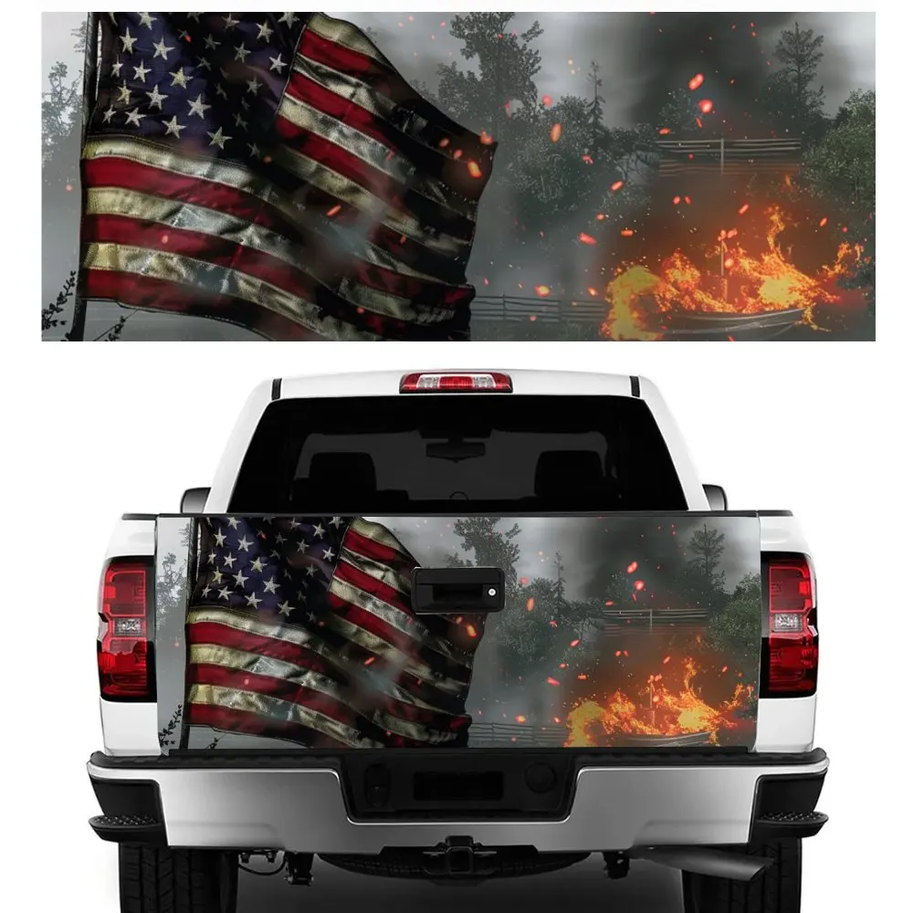 The American Flag with Flame Car Tail Trunk Protect Vinly Decal Auto Accessories DIY Hood Decoration Sticker for Off-road Pickup