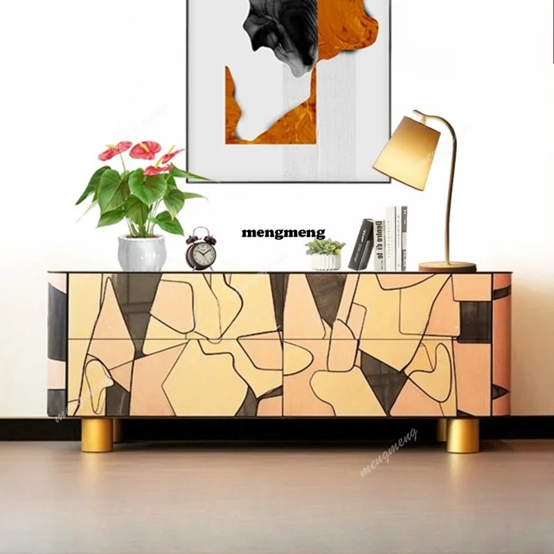 French retro solid wood dining side personalized hand-painted entrance cabinet artistic decorative cabinet light luxury bedroom