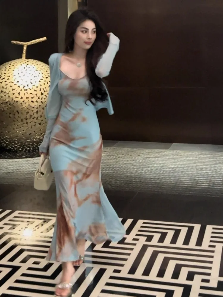 

Y2K Aesthetic Slim Waist Sexy Camisole Dress for Women Spring Autumn Fashion New Long Sleeve Cardigan Two Piece Sets