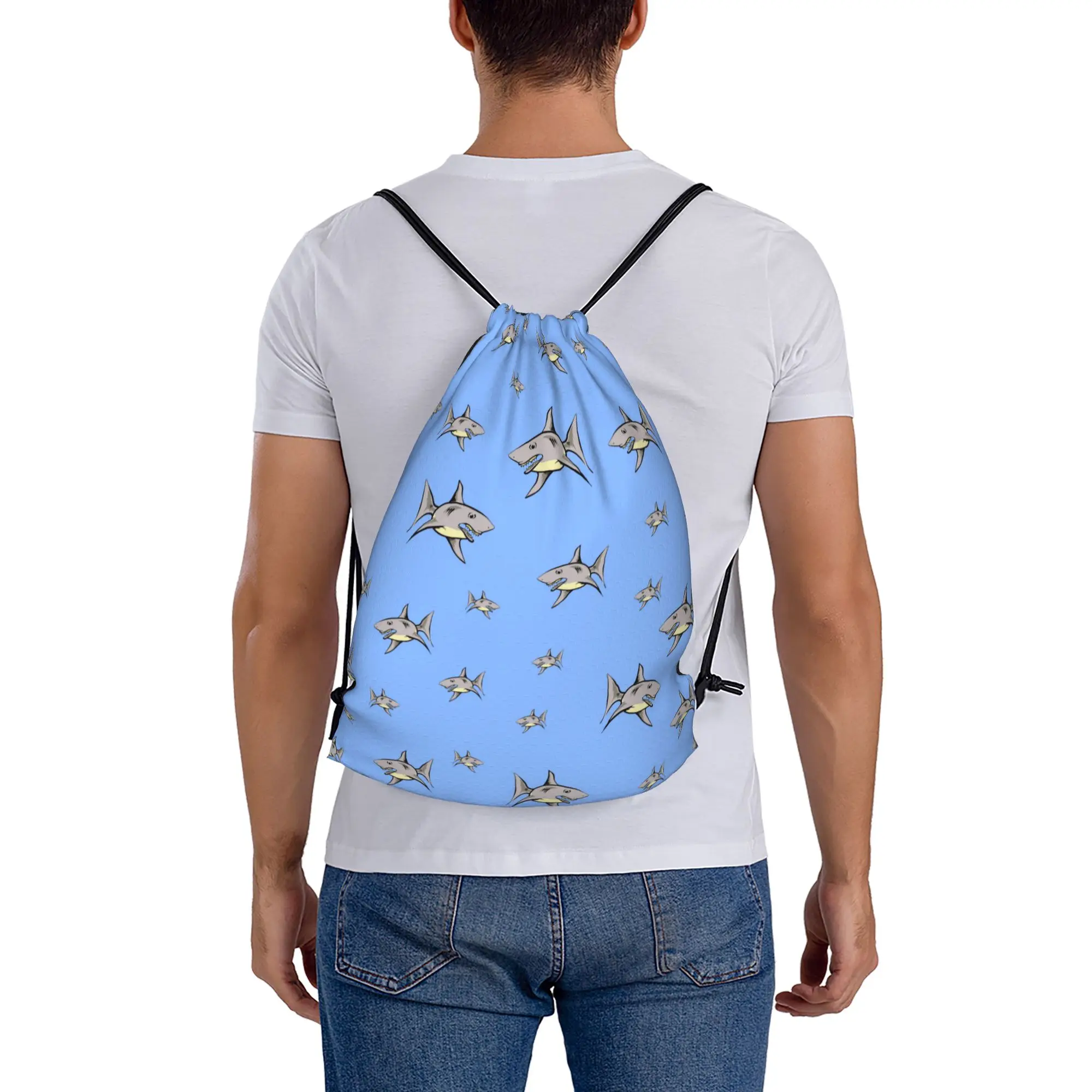 Custom Cartoon Ocean Sharks Pattern Drawstring Backpack Bags Women Men Lightweight  Gym Sports Sackpack Sacks for Shopping view 5