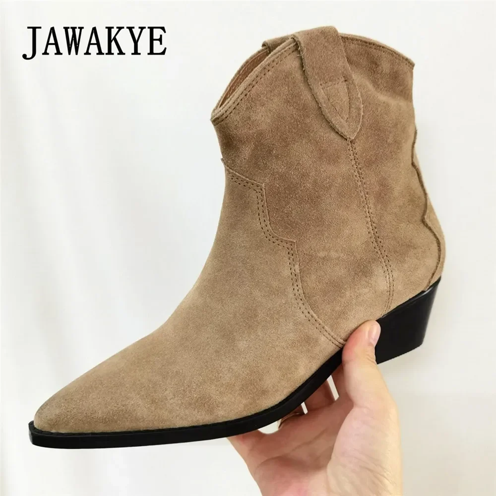 Classic Hot Sale Chelsea Boots Woman Cow Suede Pointy toe Wedges heel Ankle Boots lazy Slip on Comfort Cowboy Boots Mujer