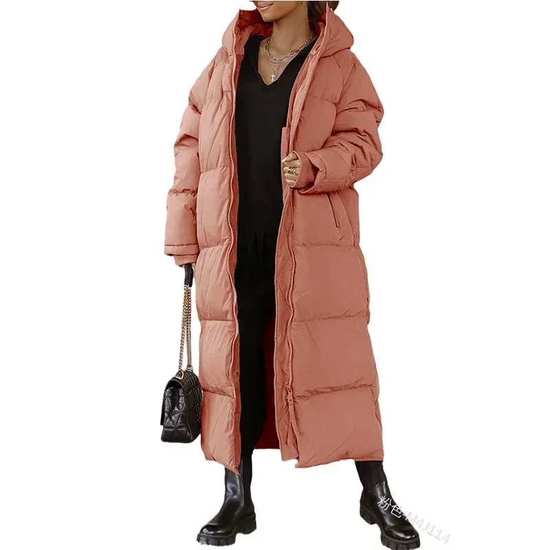 Hooded Solid Color Long Cotton Coat Fashion Casual Zipper Long Sleeve Women\'s Coat