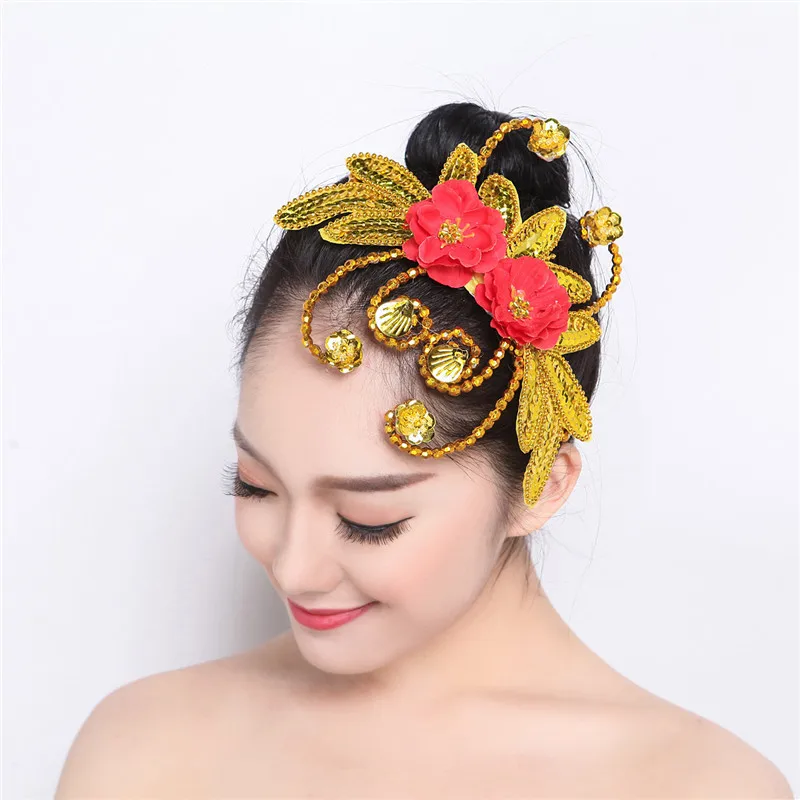 Women Kids Dance Headdress Stage Performance Hair Accessories Tiara Headpiece Traditional National Classical Dance Head Flower