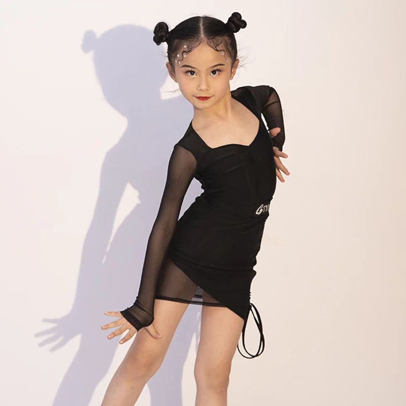 

Latin Dance Clothing Set for Kids Girls Long Sleeve Mesh Bodysuit and Drawstring Skirts Stage Performance Dancing Costumes