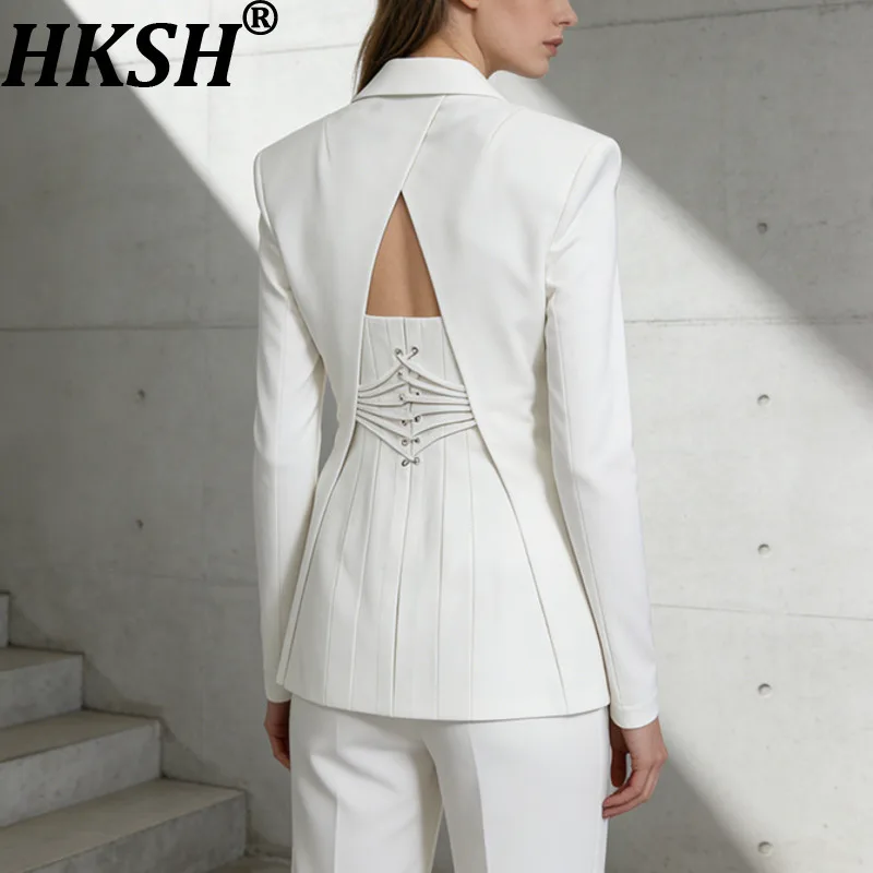 

HKSH Women Blazer Sexy Hollow Out Backless Waist Cinching Slim Fit Solid Color Urban High-end Trend Jacket Spring Autumn HK21909