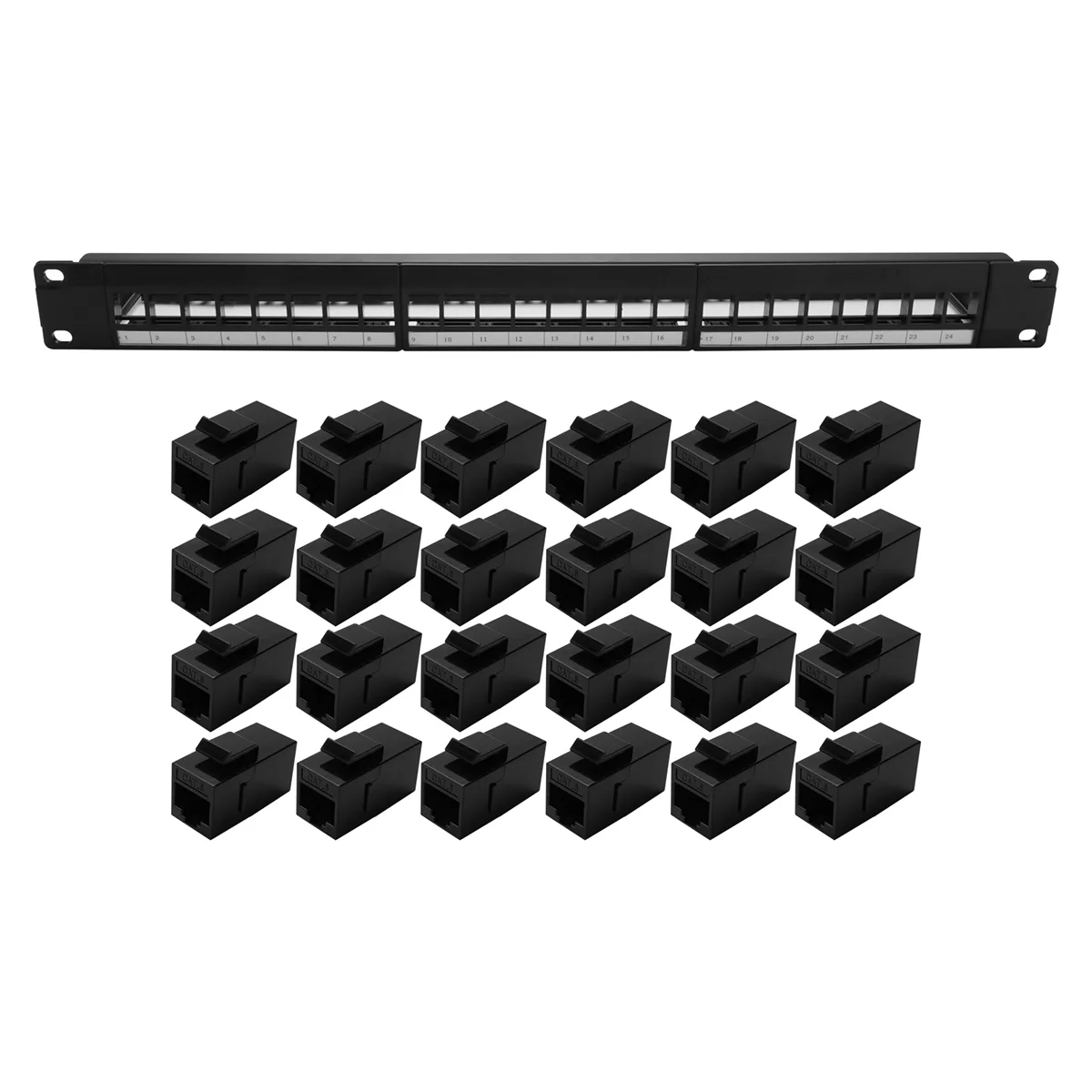 19Inch 1U Cabinet Rack Pass-Through 24 Port CAT6 Patch Panel RJ45 Cable Adapter Keystone Jack Modular Frame