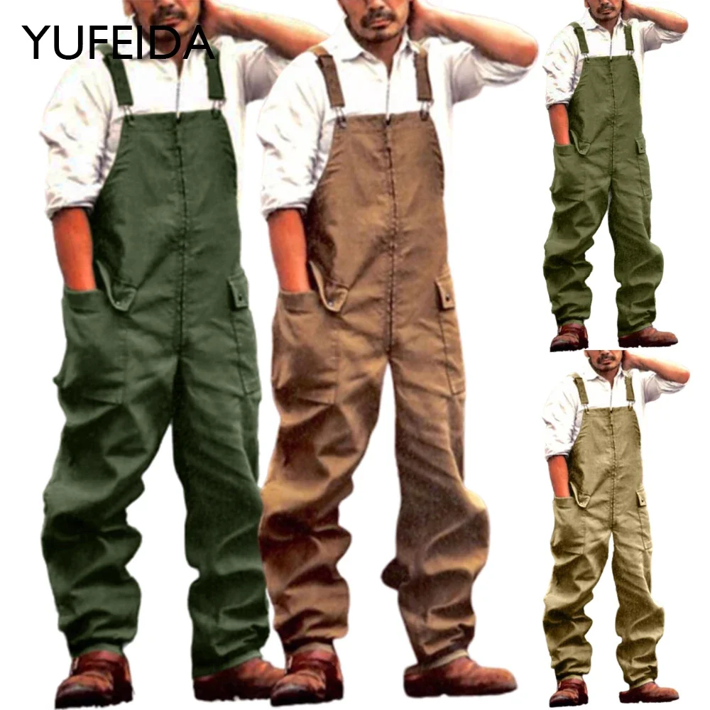 

YUFEIDA Vintage Men Jeans Wash Cargo Jumpsuit Fashion Streetwear Solid Color Pocket Loose Suspender Bib Pants Trousers Overalls