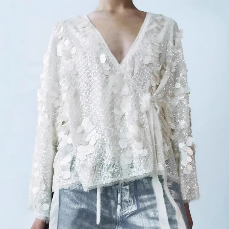 

Glitter Sequins Cardigan Tops Fashion Women Sexy Wrapped Lace Up Long Sleeve Loose Jacket Chic Kimono Coat Casual Streetwear