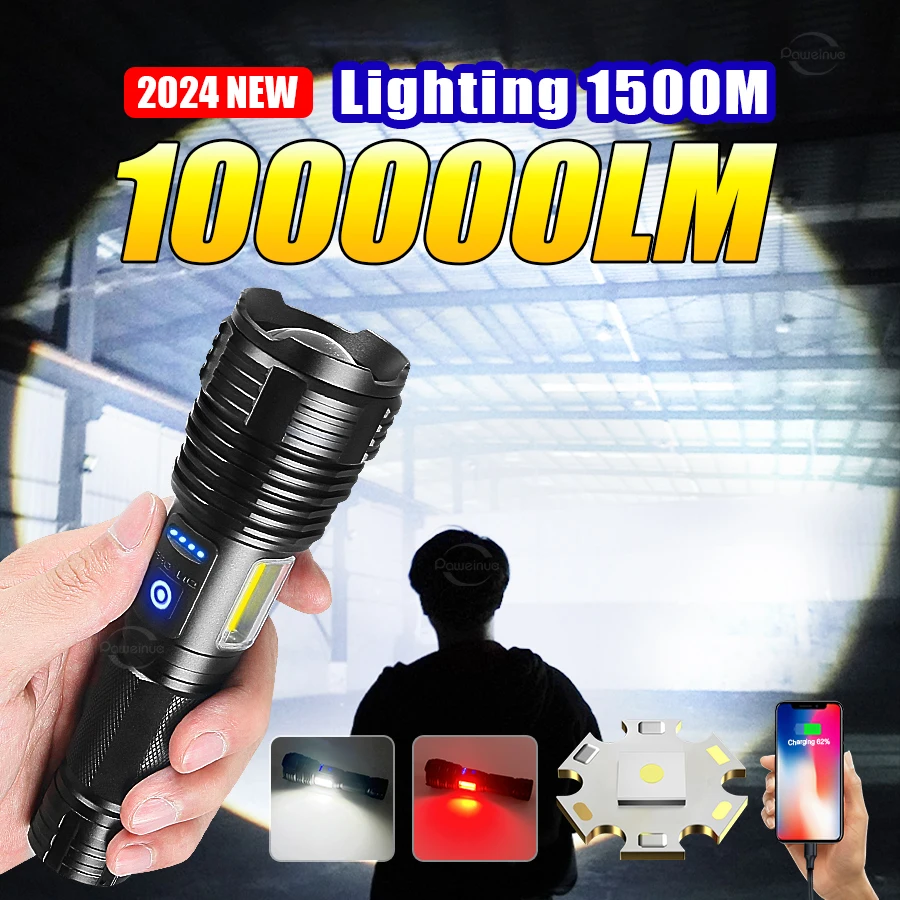 

NEW High Strong Power Led Flashlights 1500M Tactical Torch COB Lamp Can Output Flashlight Camping Fishing Emergency Zoom Lantern