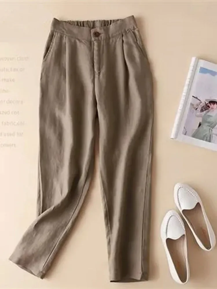 

High Waist Cotton Linen Casual Wide Leg Pants Women Summer Thin Ankle-length Sweatpants Vaqueros Straigh Trousers Korean Spodnie