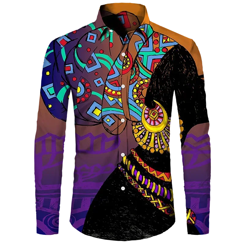 

Ethnic Style African Girl 3D Print Long Sleeve Button Shirts For Men Women Dashiki Folk Custom Vintage Tops Couple Clothes Shirt