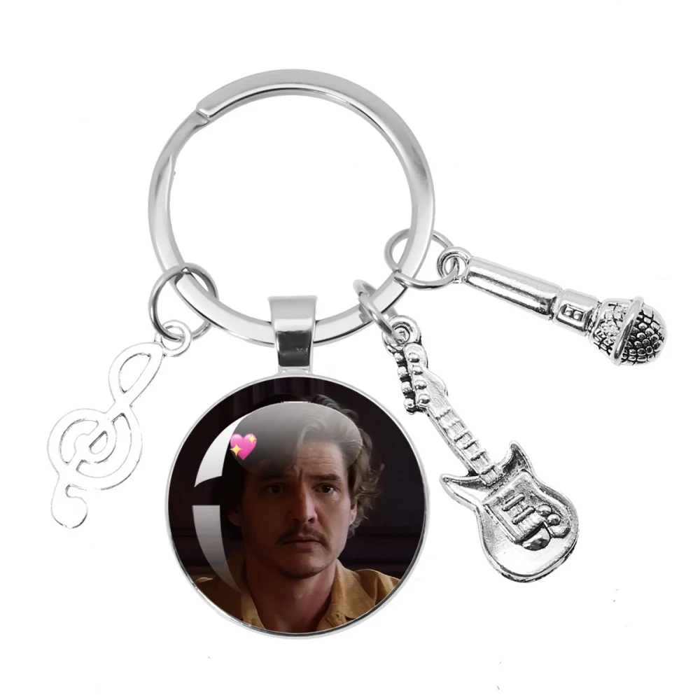 Pedro Pascal Creative Funny Meme Creative Glass Pendant Musician keychain Microphone Accessories Jewelry Charm Gifts