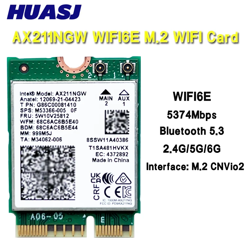 

WiFi 6E AX211NGW Tri Band 2.4G/5G/6Ghz Wireless Network Wifi Card Adapter For BT 5.3 AX211 M.2 KeyE CNVio2 Win10