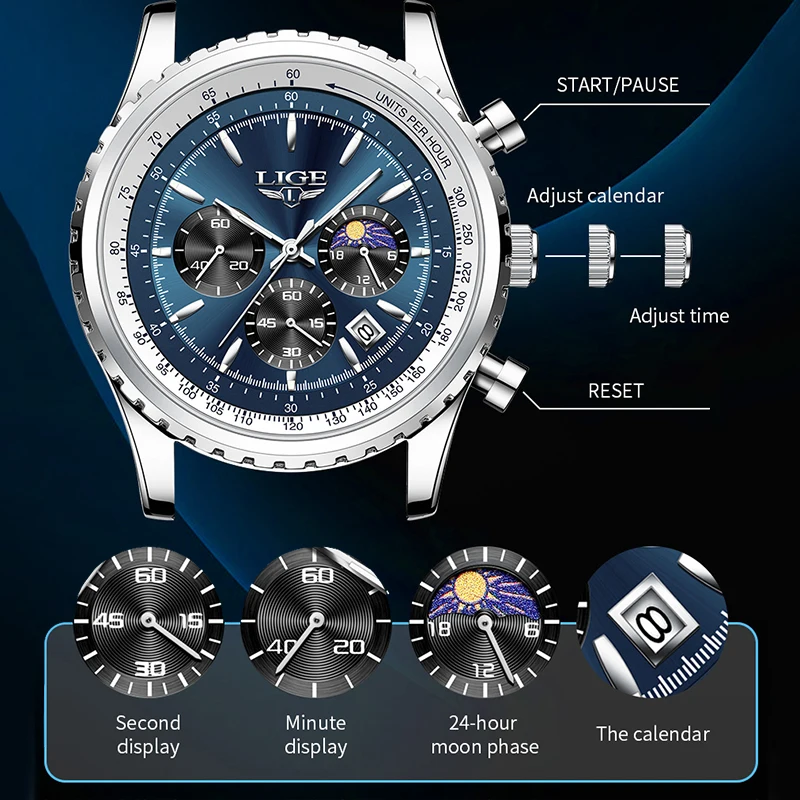 LIGE Fashion Men Watch Casual Sports Waterproof Moon Phase Watch Men Top Brand Luxury Auto Date Quartz Chronograph Montre Homme