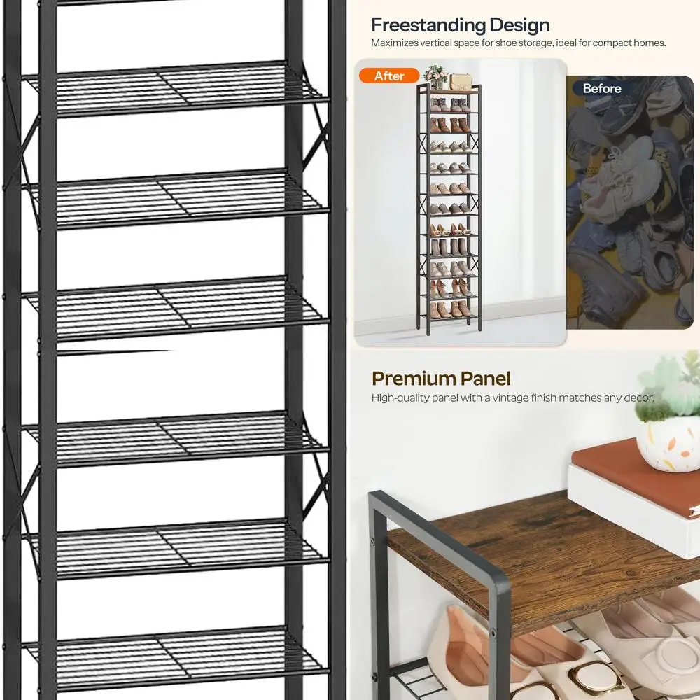

12-уровневая тонкая полка для хранения обуви, высокий органайзер на 12–24 пар, деревянная верхняя часть, компактный металлический каркас, коричневый и черный в деревенском стиле